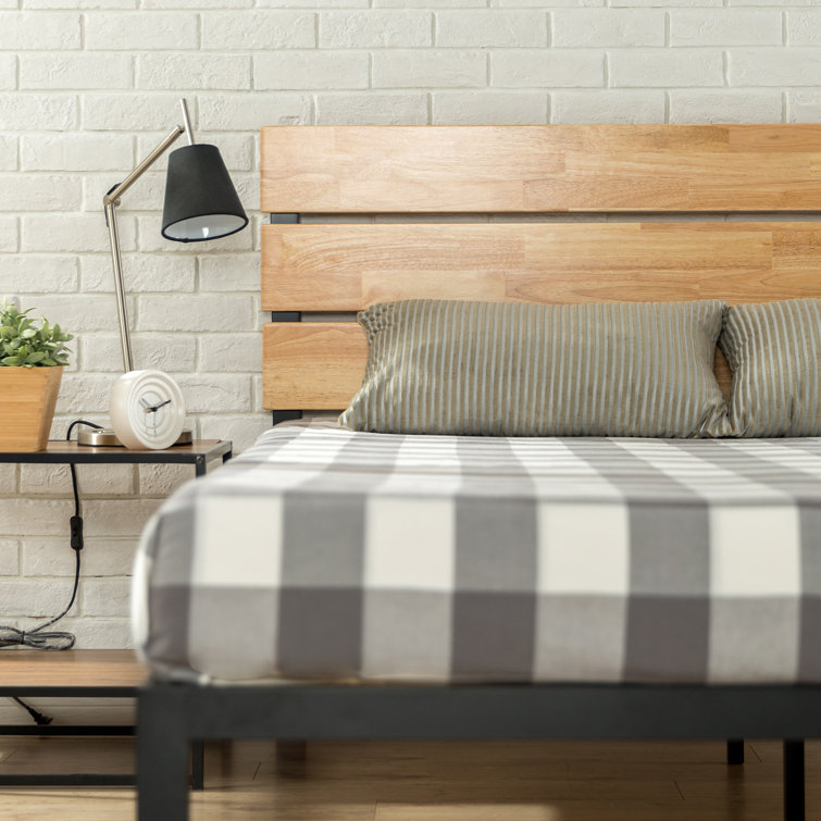 King Black Metal and Bamboo Wood Platform Bed with Slats and Drawer
