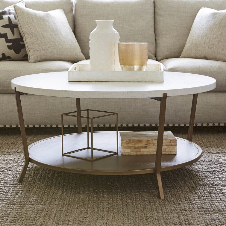 Transitional Round Wood & Stone Coffee Table, 42 Inch, Brown