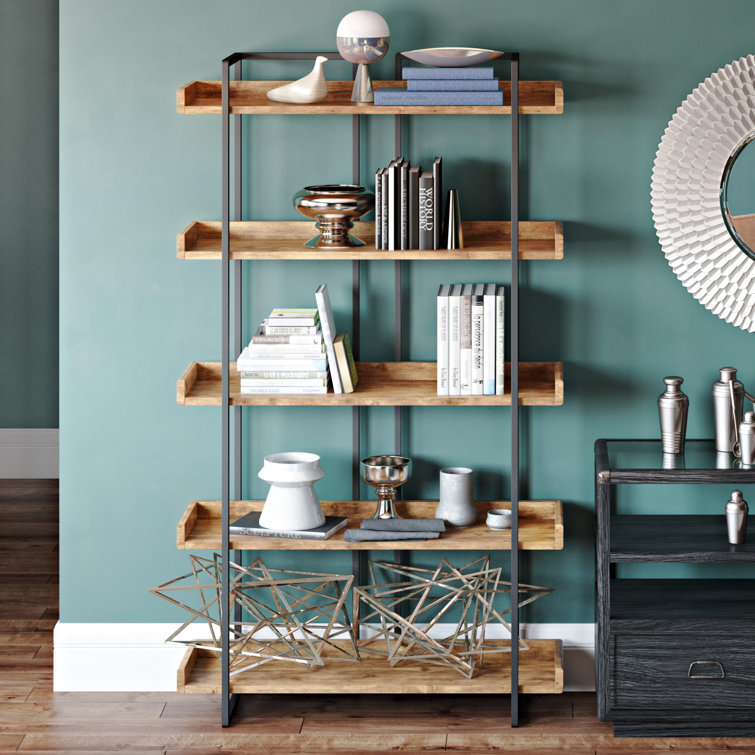 Light Brown Wood and Iron 5-Tier Industrial Bookcase