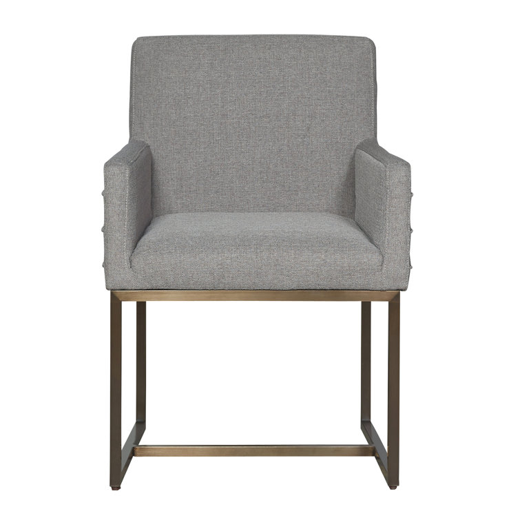 Gray Upholstered Metal Arm Chair with Bronze Base