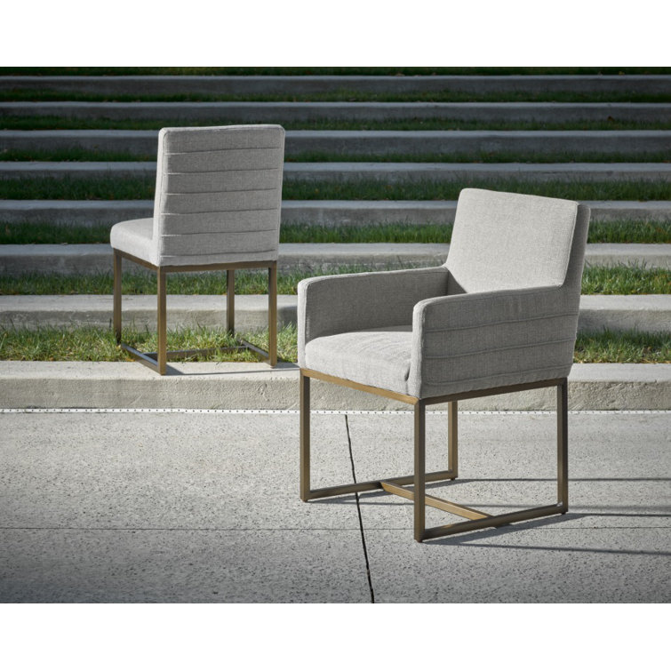 Gray Upholstered Metal Arm Chair with Bronze Base