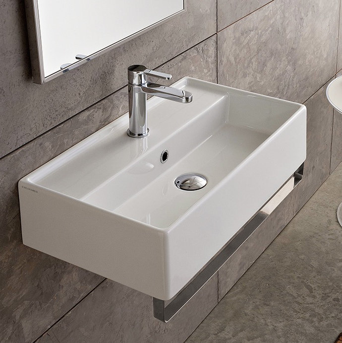 Teorema 17'' White Ceramic Wall-Mount Bathroom Sink with Chrome Towel Bar