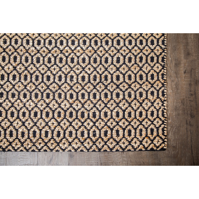 Handwoven Black and Tan Geometric Jute Cotton Rug, 4' x 6'