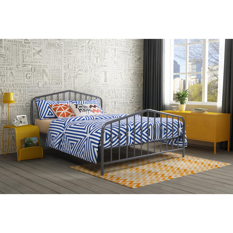 King-Size Gunmetal Gray Metal Bed with Upholstered Headboard and Storage Drawer