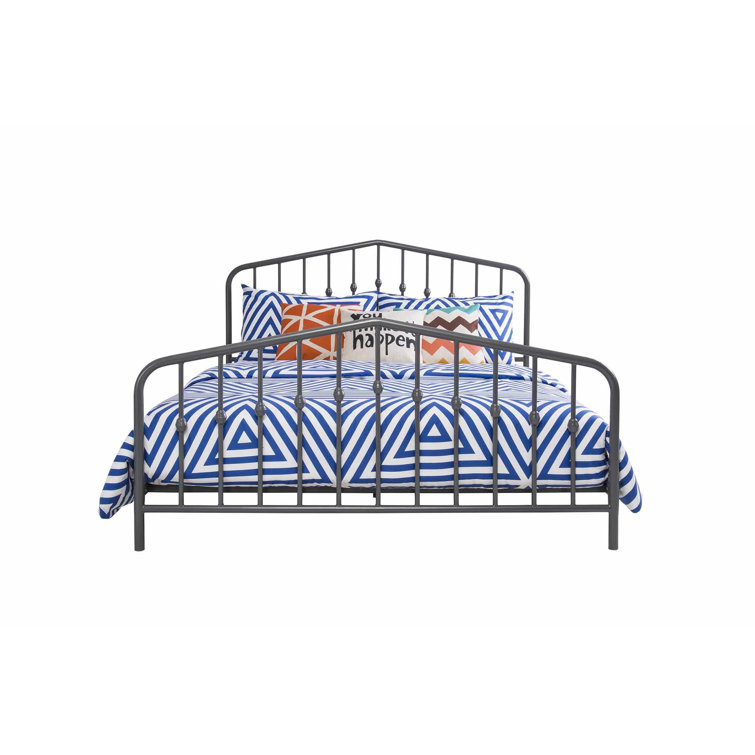 King-Size Gunmetal Gray Metal Bed with Upholstered Headboard and Storage Drawer