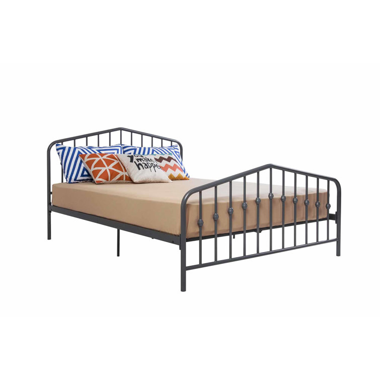 King-Size Gunmetal Gray Metal Bed with Upholstered Headboard and Storage Drawer