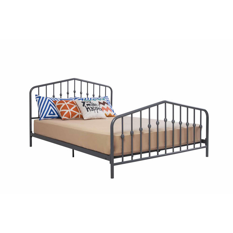 King-Size Gunmetal Gray Metal Bed with Upholstered Headboard and Storage Drawer