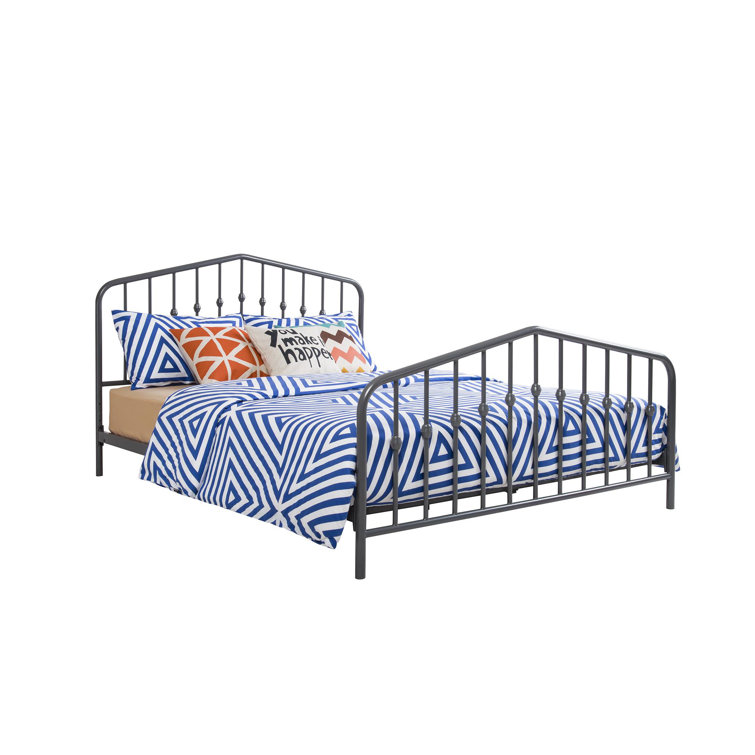 King-Size Gunmetal Gray Metal Bed with Upholstered Headboard and Storage Drawer