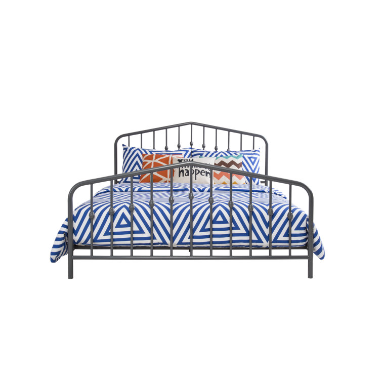 King-Size Gunmetal Gray Metal Bed with Upholstered Headboard and Storage Drawer