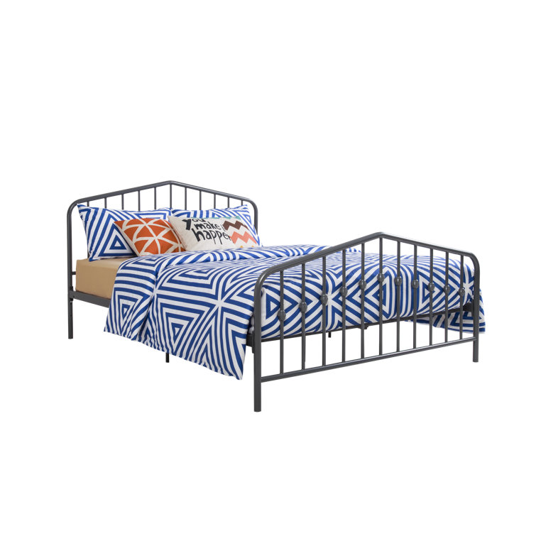 King-Size Gunmetal Gray Metal Bed with Upholstered Headboard and Storage Drawer