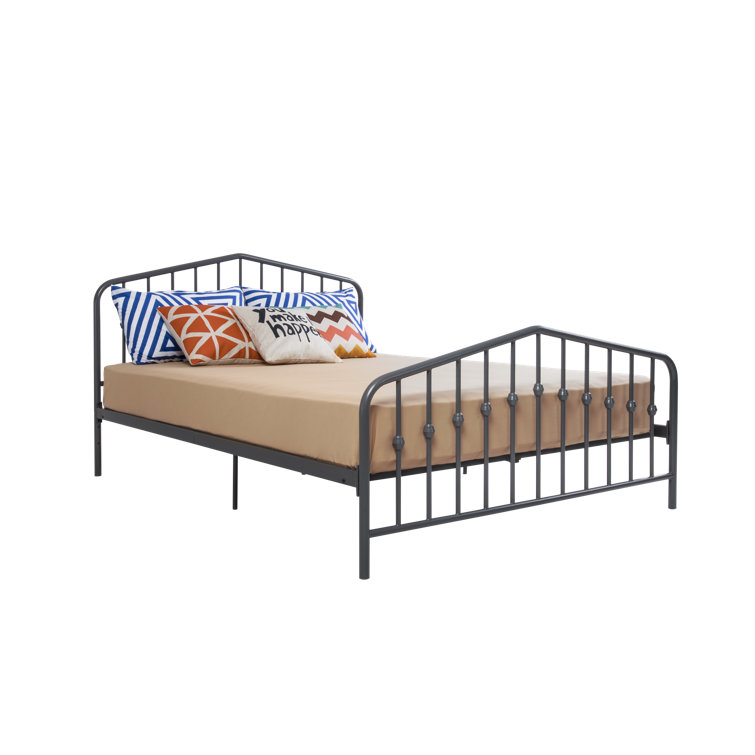 King-Size Gunmetal Gray Metal Bed with Upholstered Headboard and Storage Drawer