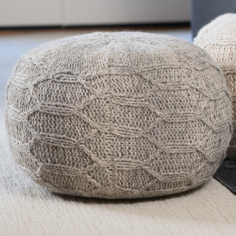 Handwoven Gray Wool Round Pouf Ottoman