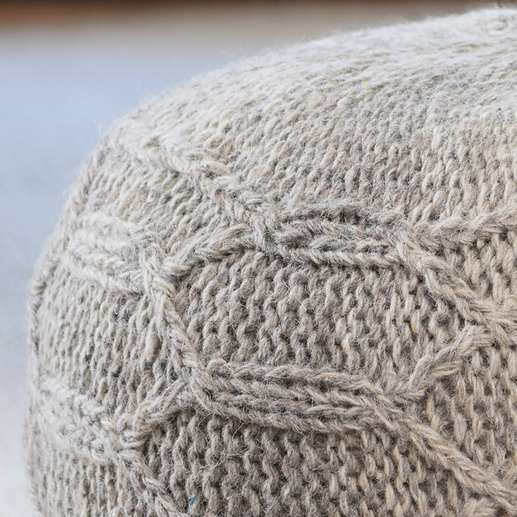 Handwoven Gray Wool Round Pouf Ottoman