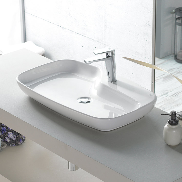 Glossy White Ceramic Rectangular Vessel Bathroom Sink