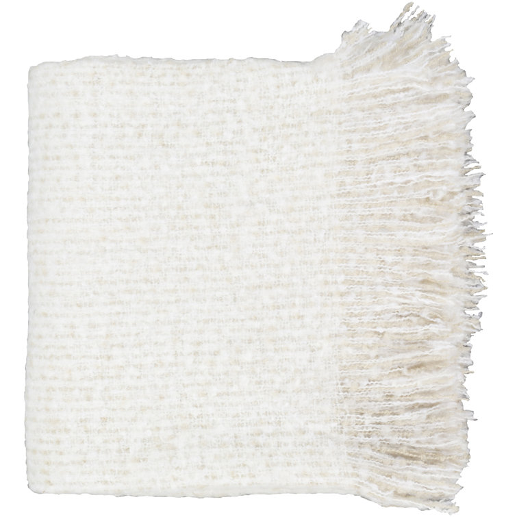 Ivory White Woven Acrylic Throw Blanket with Fringe