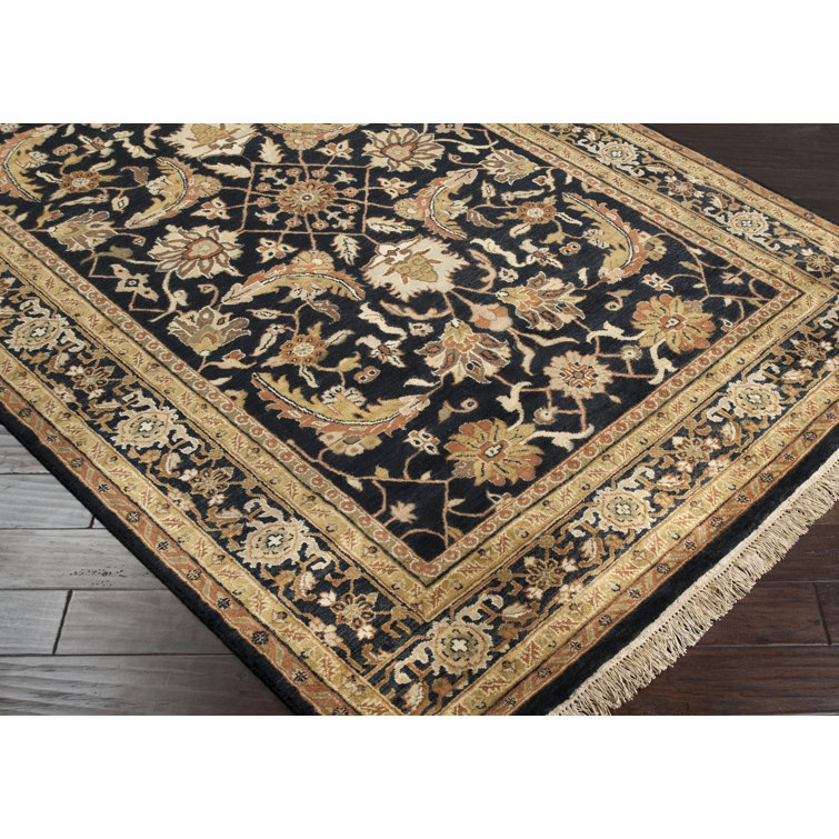 Handmade Black and Beige Wool Floral Area Rug