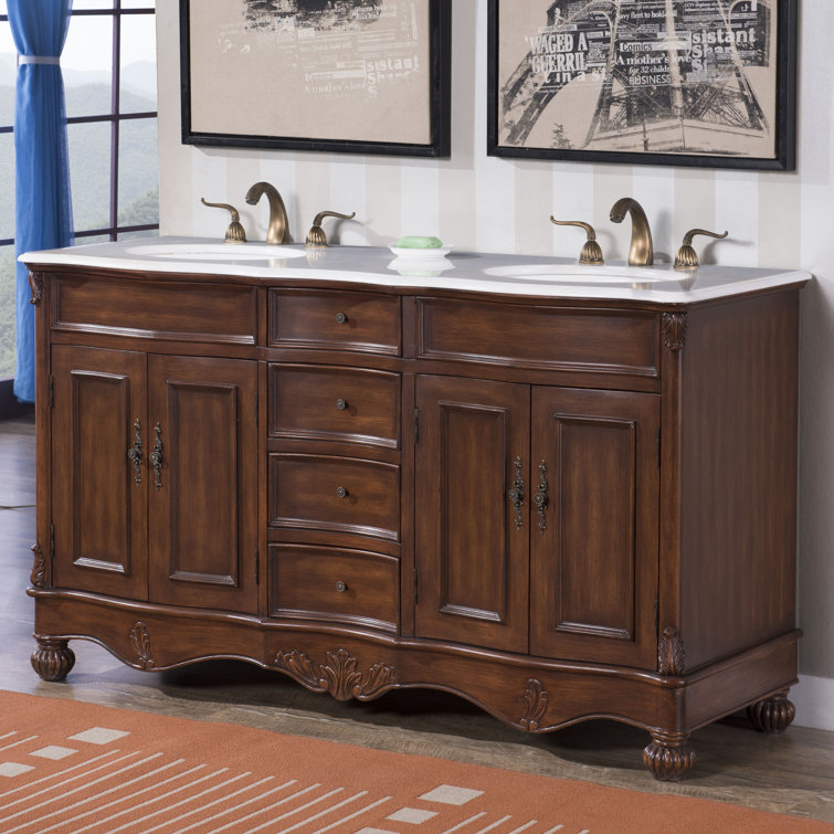 Teak and Ivory White Double Freestanding Vanity with Quartz Countertop