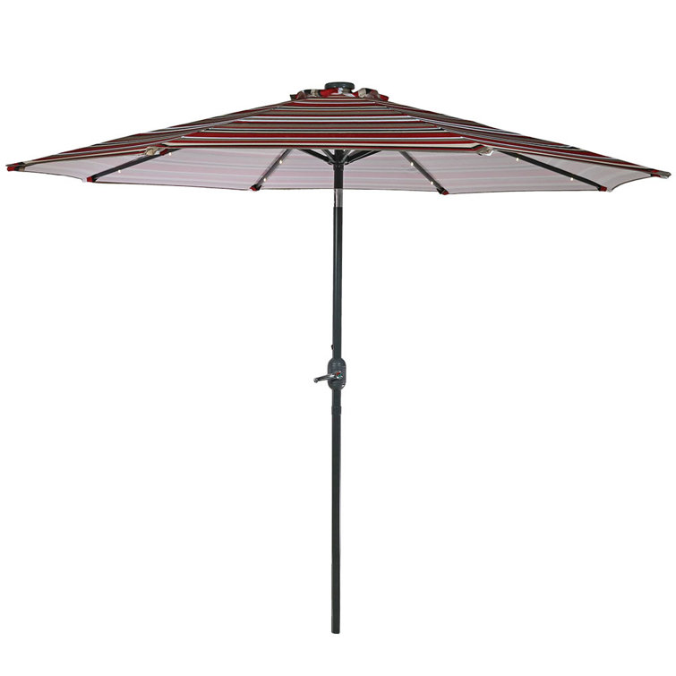 9' Awning Stripe Aluminum Market Umbrella with Solar LED Lights