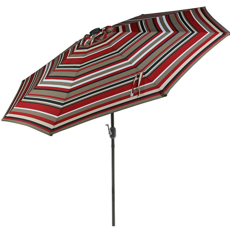 9' Awning Stripe Aluminum Market Umbrella with Solar LED Lights
