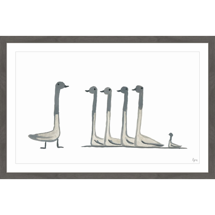 Gray and White Duck Family Canvas Print with Dark Wood Frame