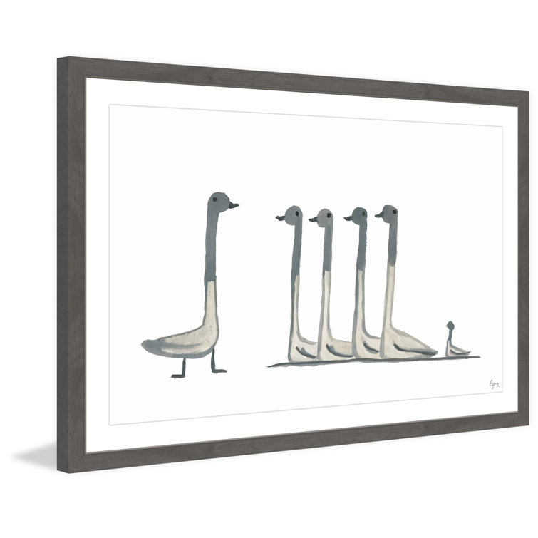 Gray and White Duck Family Canvas Print with Dark Wood Frame