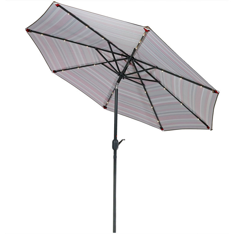 9' Awning Stripe Aluminum Market Umbrella with Solar LED Lights