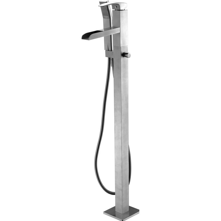 Brushed Nickel Floor Mounted Waterfall Tub Filler with Handheld Shower