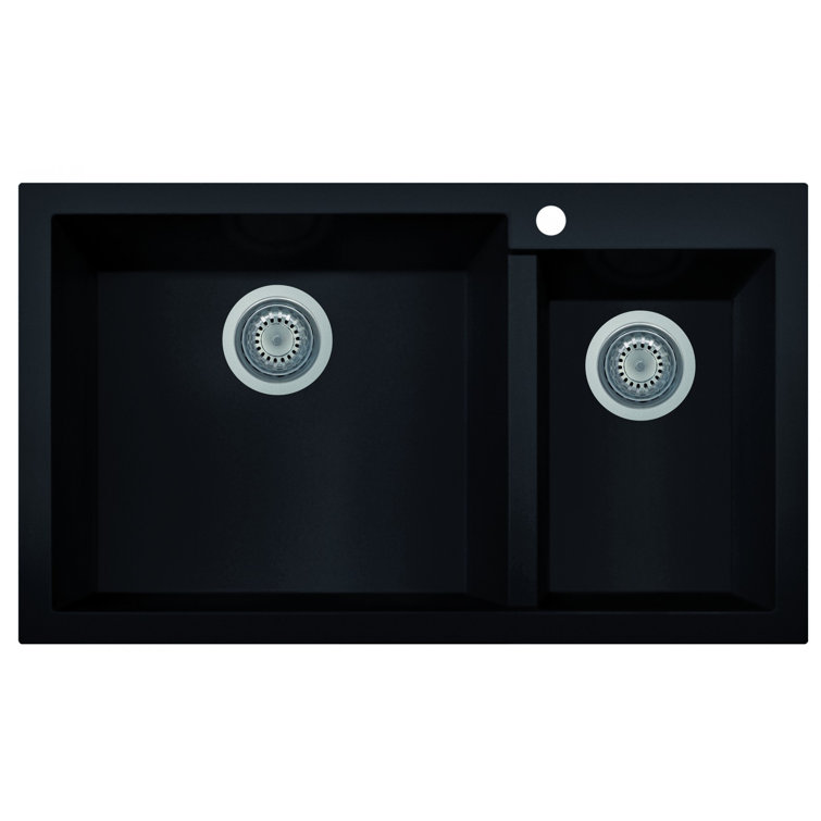 34'' Black Granite Double Bowl Drop-In Kitchen Sink