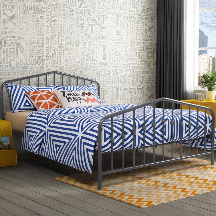 King-Size Gunmetal Gray Metal Bed with Upholstered Headboard and Storage Drawer