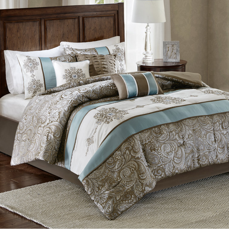 King Brown and Blue Jacquard 7 Piece Comforter Set