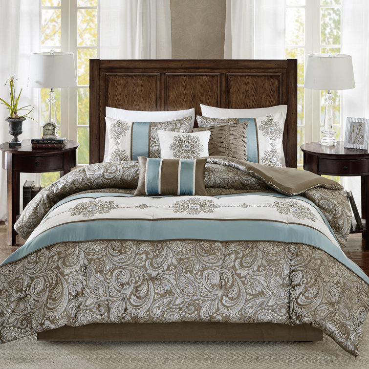 King Brown and Blue Jacquard 7 Piece Comforter Set