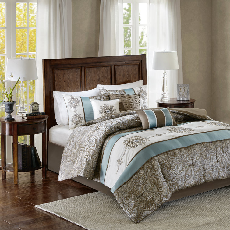 King Brown and Blue Jacquard 7 Piece Comforter Set