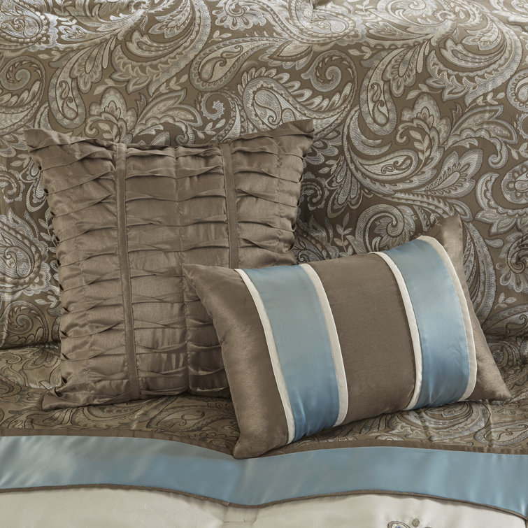 King Brown and Blue Jacquard 7 Piece Comforter Set