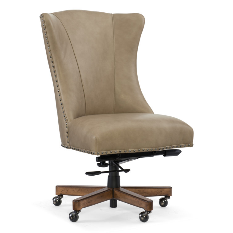 Beige Leather Swivel Executive Chair with Wood Base