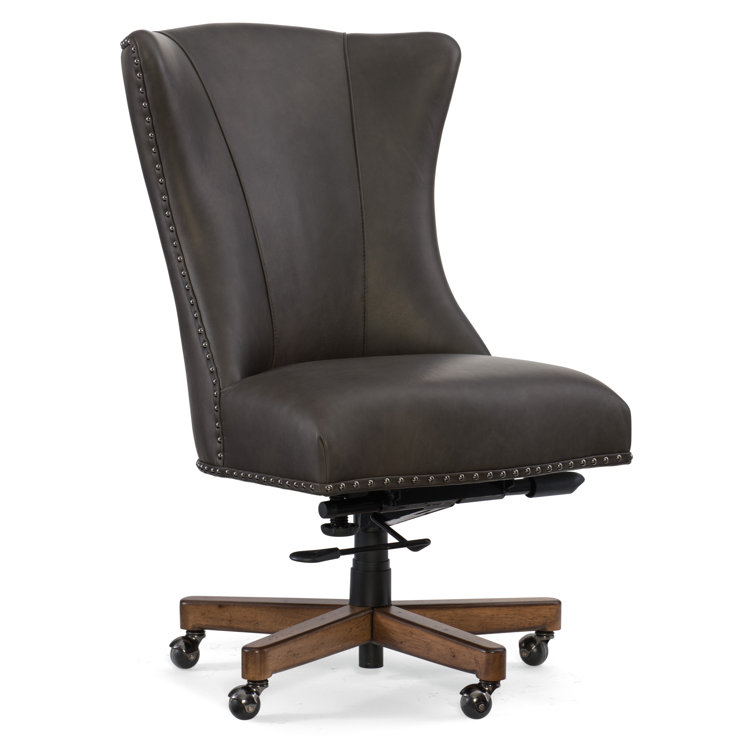 Gray Leather Swivel Executive Chair with Wood Base