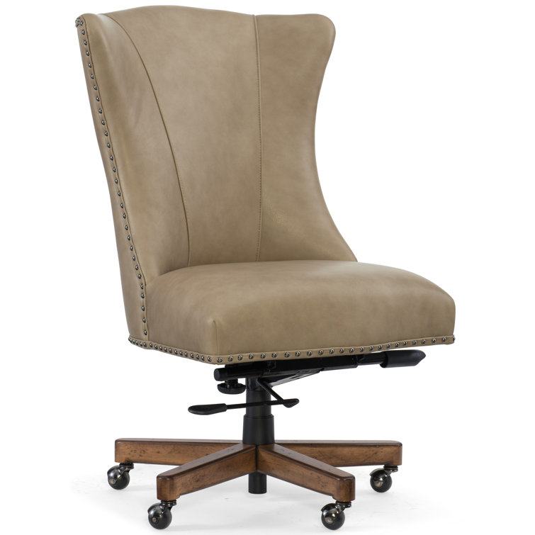 Beige Leather Swivel Executive Chair with Wood Base