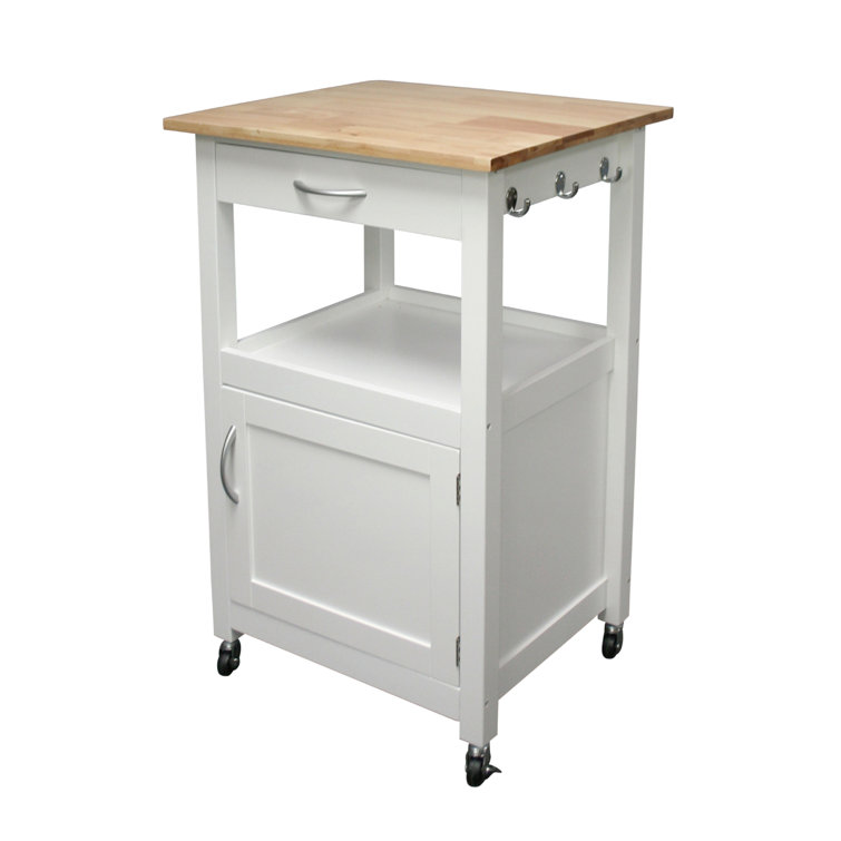 White Wood Kitchen Cart with Storage and Wheels