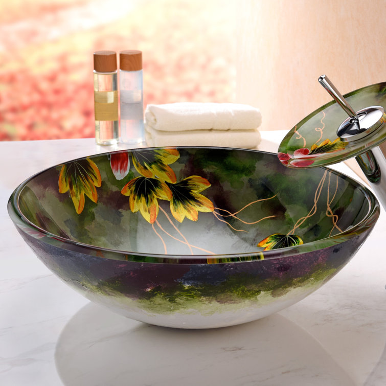 Hand-Painted Green Floral Glass Bathroom Vessel Sink