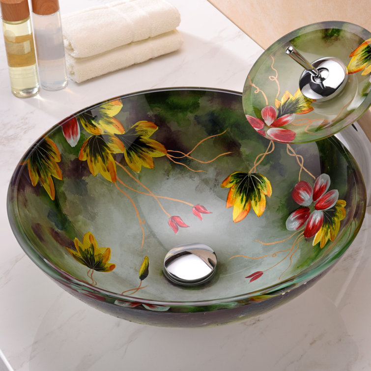 Hand-Painted Green Floral Glass Bathroom Vessel Sink