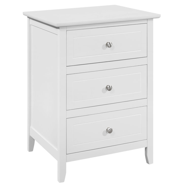 White Wood 3-Drawer Nightstand with Nickel Hardware