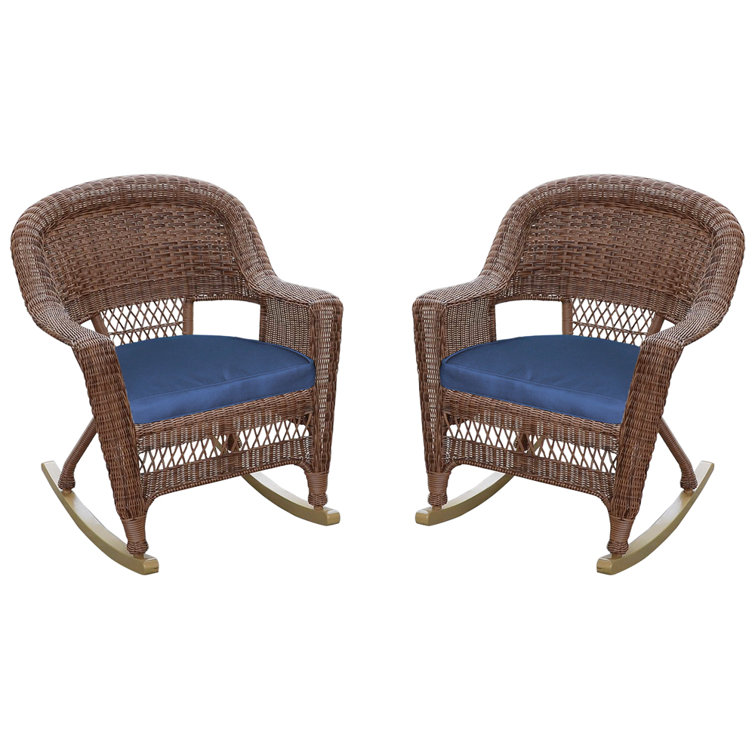 Honey Wicker Rocking Chair with Blue Cushions (Set of 2)