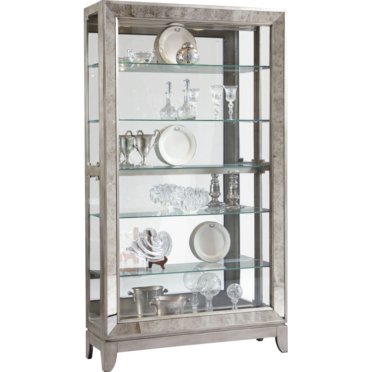 Aged Silver Lighted 5-Shelf Curio Cabinet with Poplar Wood Legs