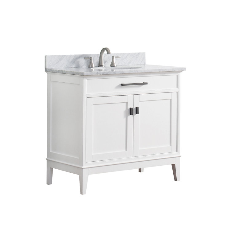 Madison 37" White Solid Wood Bathroom Vanity with Marble Top