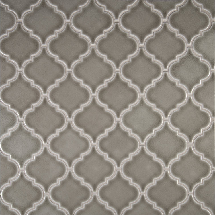 Dove Gray Glossy Ceramic Arabesque Mosaic Tile Sheet