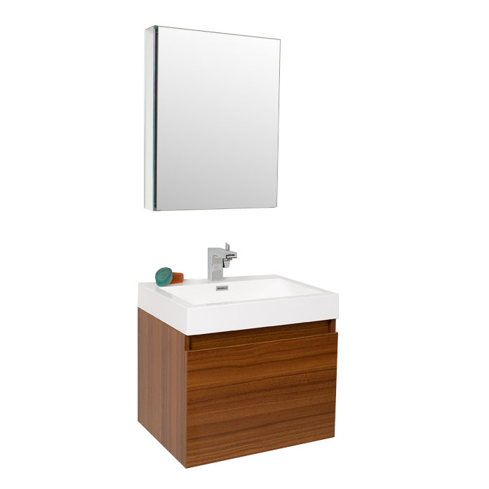 Sleek Teak 24" Wall-Mounted Vanity Set with Integrated Sink & Modern Medicine Cabinet