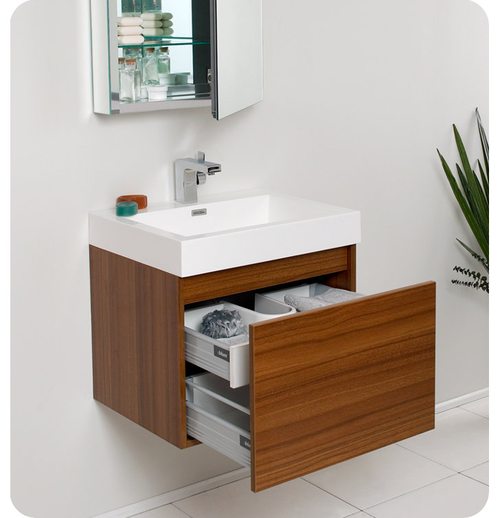 Sleek Teak 24" Wall-Mounted Vanity Set with Integrated Sink & Modern Medicine Cabinet