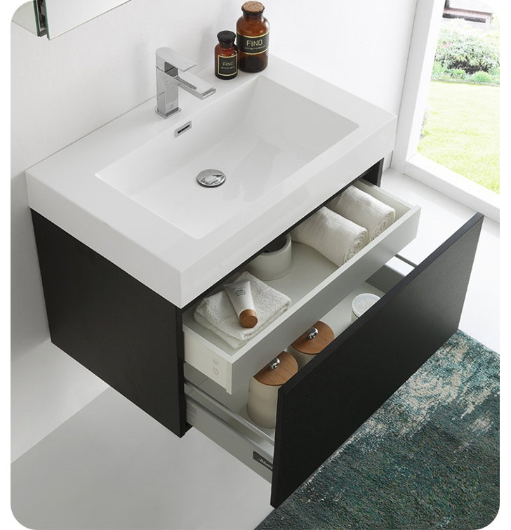 Black Engineered Wood Wall Mount Vanity Set with Acrylic Sink