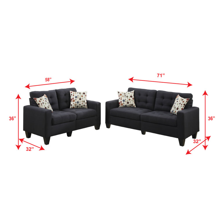 Black Polyester Blend Sofa and Loveseat Set with Dark Brown Legs