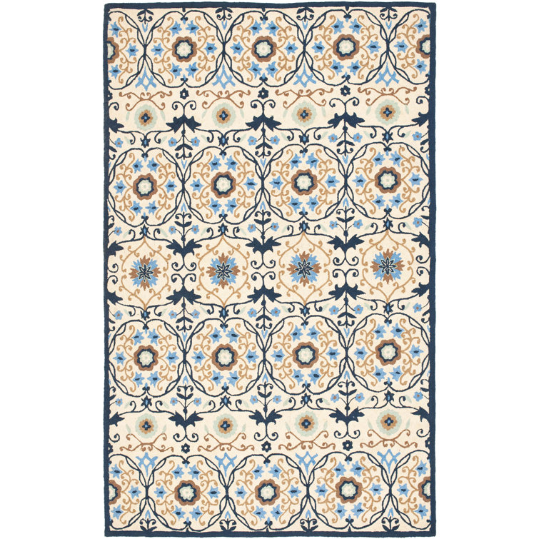 Handmade Ivory and Navy Floral Wool Rectangular Rug 4' x 6'