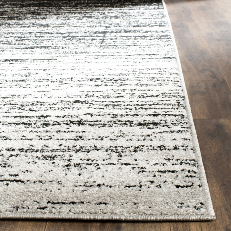 Silver and Black Striped Synthetic Square Area Rug